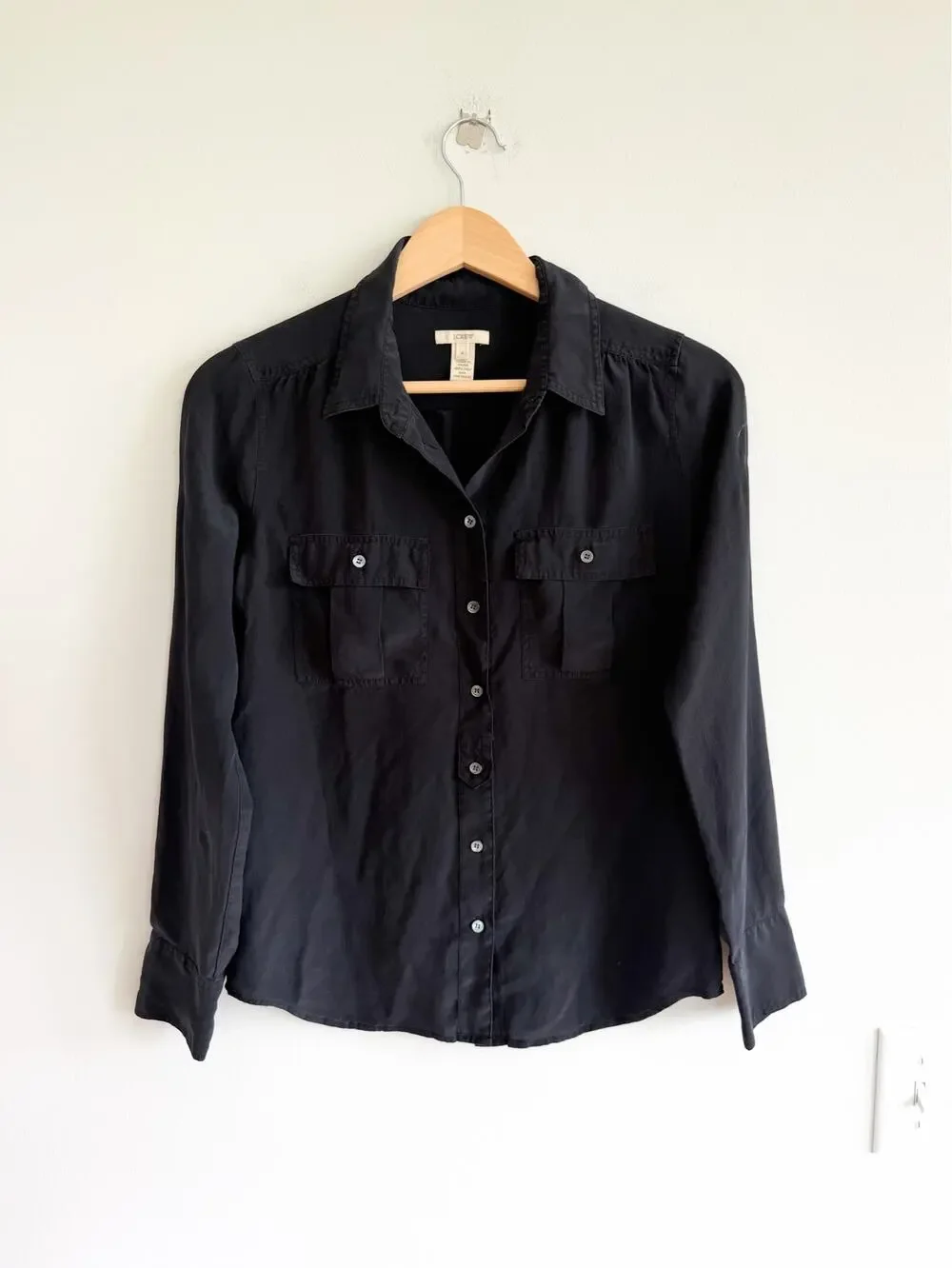 J. Crew Silk Long Sleeve Collared Casual Button Up Shirt Black 6